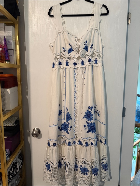 FARM Rio Dresses & Skirts - FARM Rio White Maxi Dress with Blue Floral Embroidery